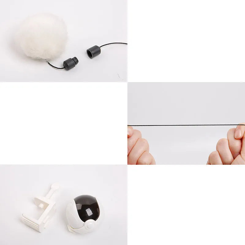 Automatic cat toy with white base and rabbit fur ball swinging on arm
