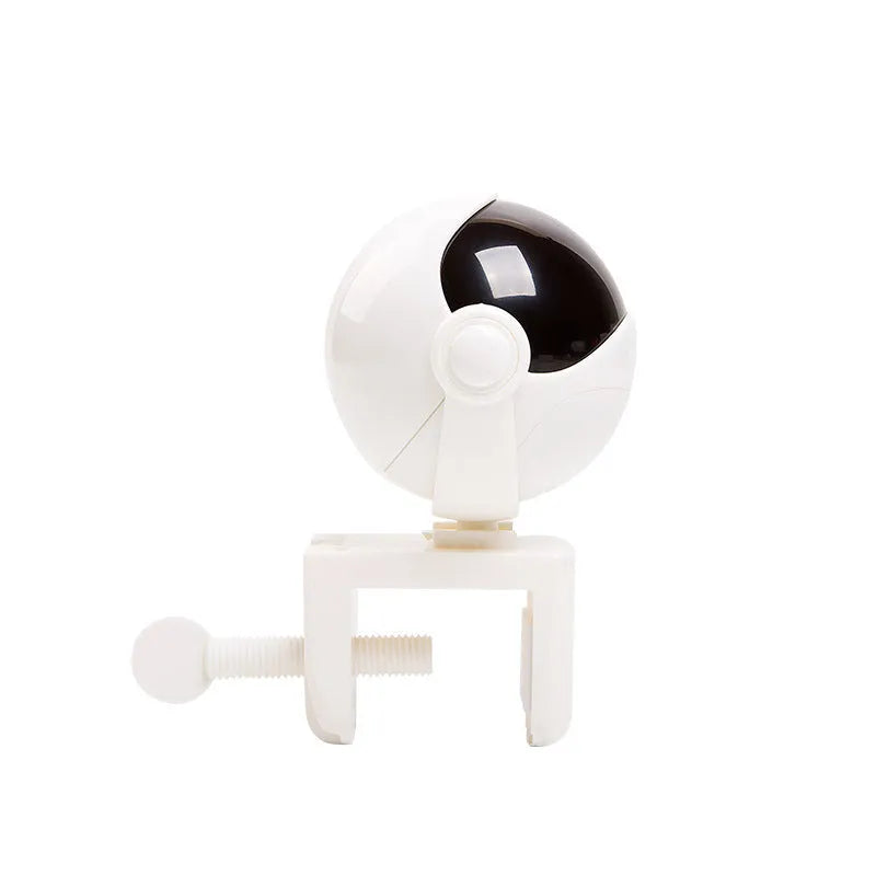 Automatic cat toy with white base and rabbit fur ball swinging on arm