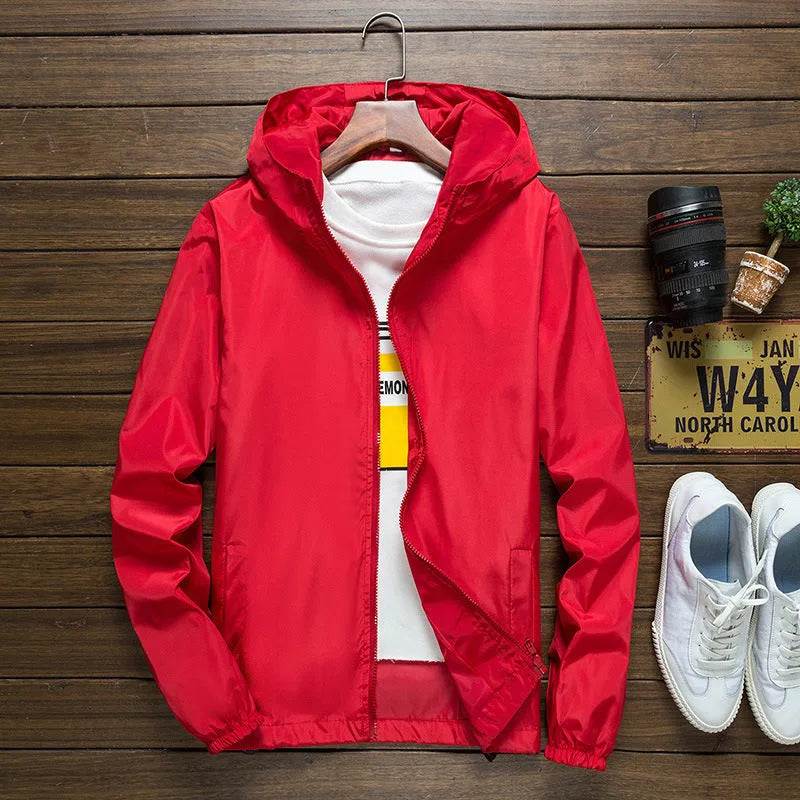 Loose fit men's windbreaker jacket in plain polyester with zip front and lapel collar, available in multiple plus sizes up to 7XL