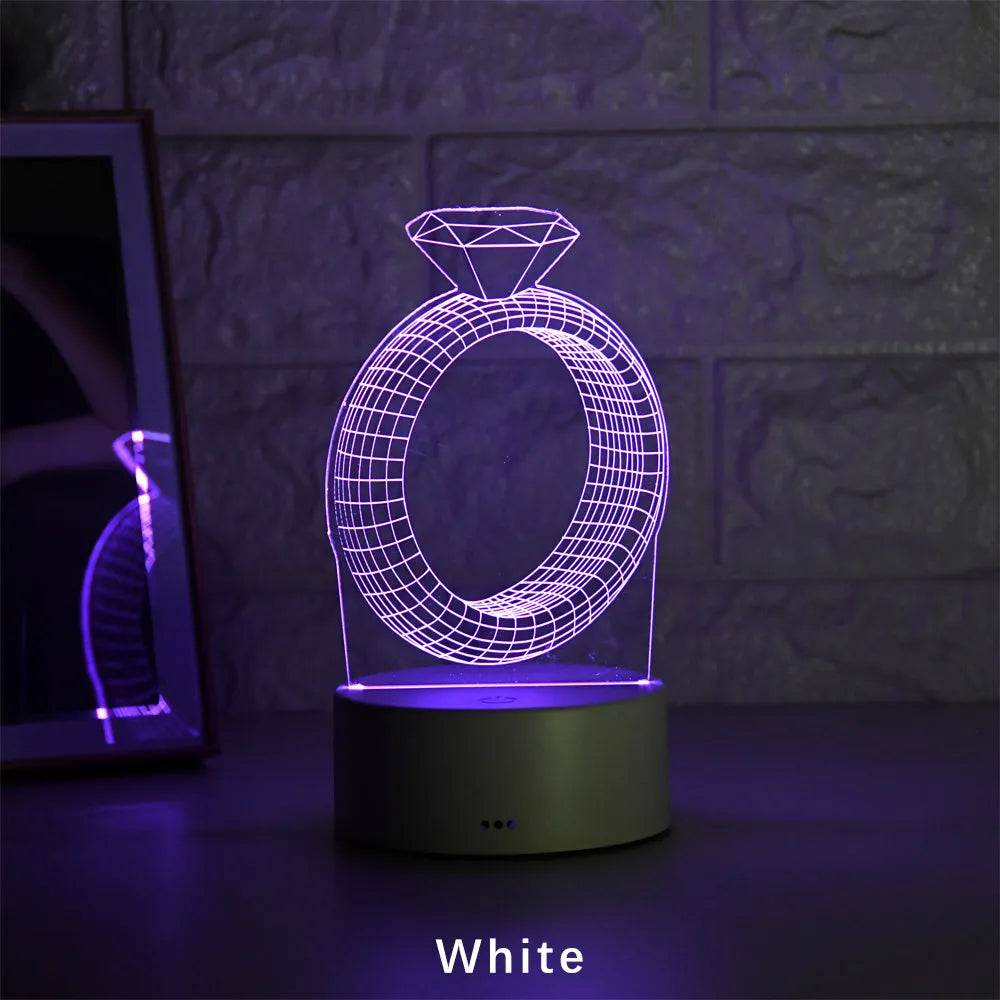 3D diamond ring LED night light with laser engraved acrylic and colour changing illumination