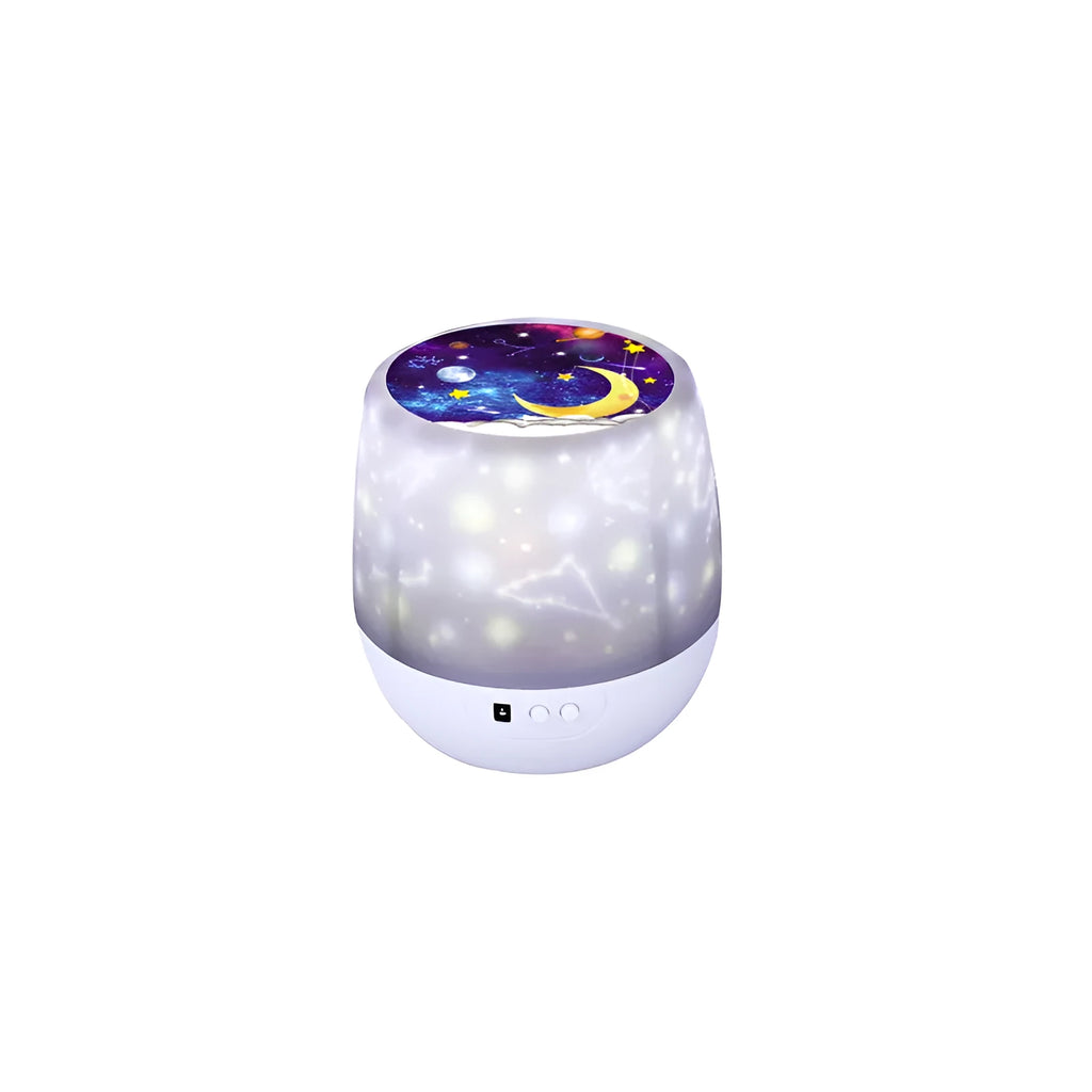 Smart rotating LED projector night light showing star patterns on a bedroom ceiling.