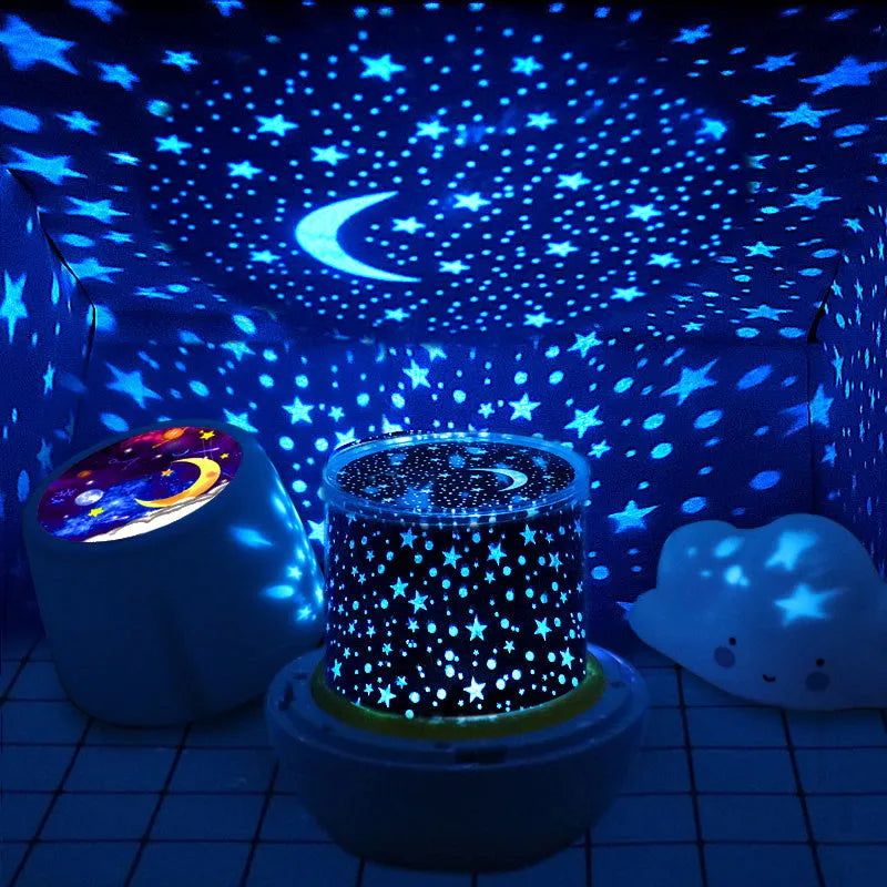 Smart rotating LED projector night light showing star patterns on a bedroom ceiling.