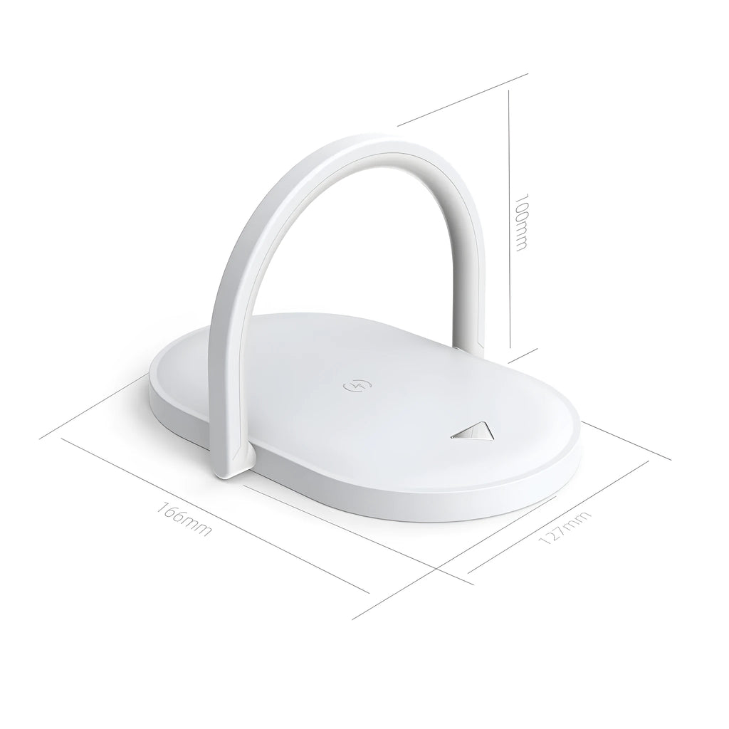 Black wireless charging pad with integrated phone holder and night light, showing 15W fast charging capability