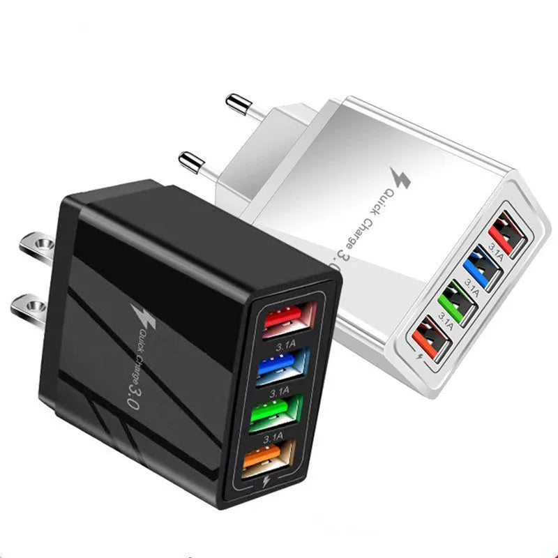 Simple Luminous 4-port USB wall charger with UK plug in dark blue, showing four USB ports and power light.