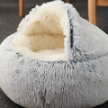 Semi-enclosed cat bed in crystal velvet or plush fabric, 40cm or 50cm diameter, available in four colours