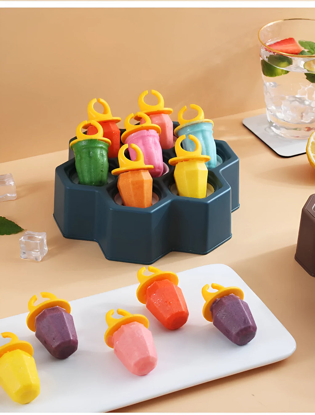 Brown plastic ice cube mould with cartoon anti-drip rim and honeycomb-shaped cavities