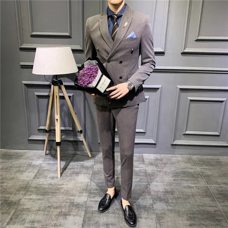 Men's slim fit double breasted suit coat in black, dark red, brown, or dark gray, sizes S to 5XL