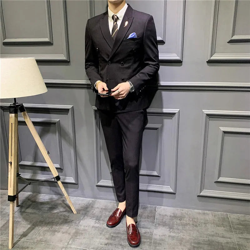 Men's slim fit double breasted suit coat in black, dark red, brown, or dark gray, sizes S to 5XL