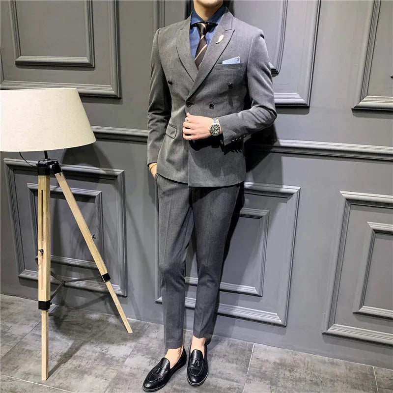 Men's slim fit double breasted suit coat in black, dark red, brown, or dark gray, sizes S to 5XL