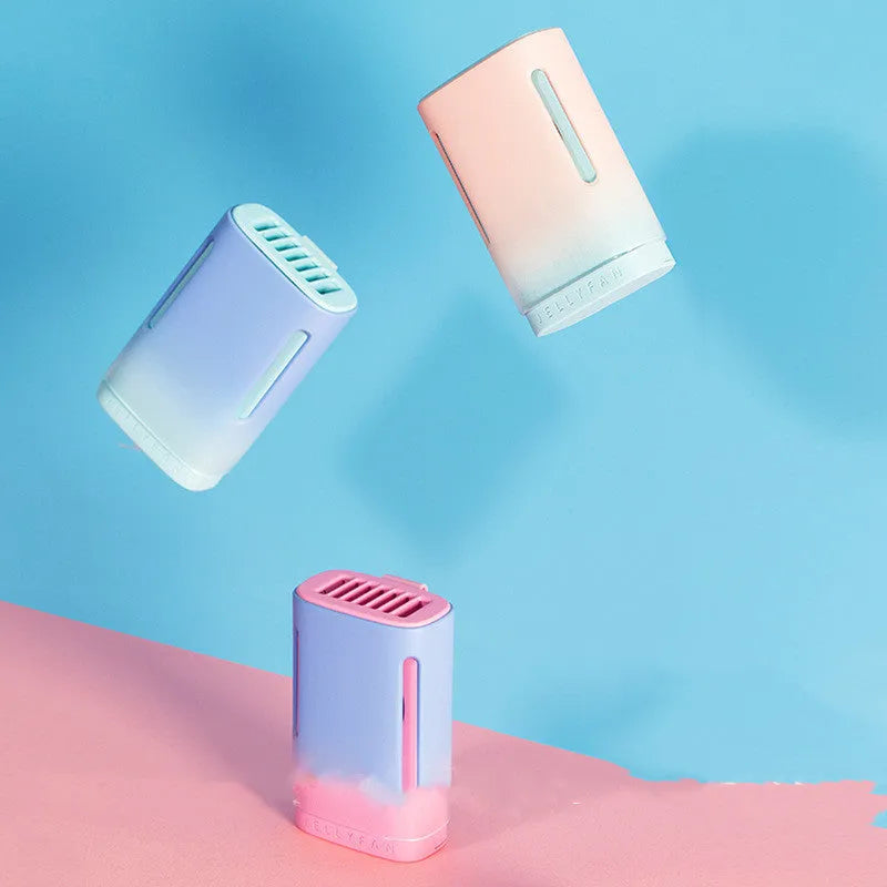 Jelly USB hanging neck personal cooling fan in mint peach colour with dual handheld and neck-worn modes