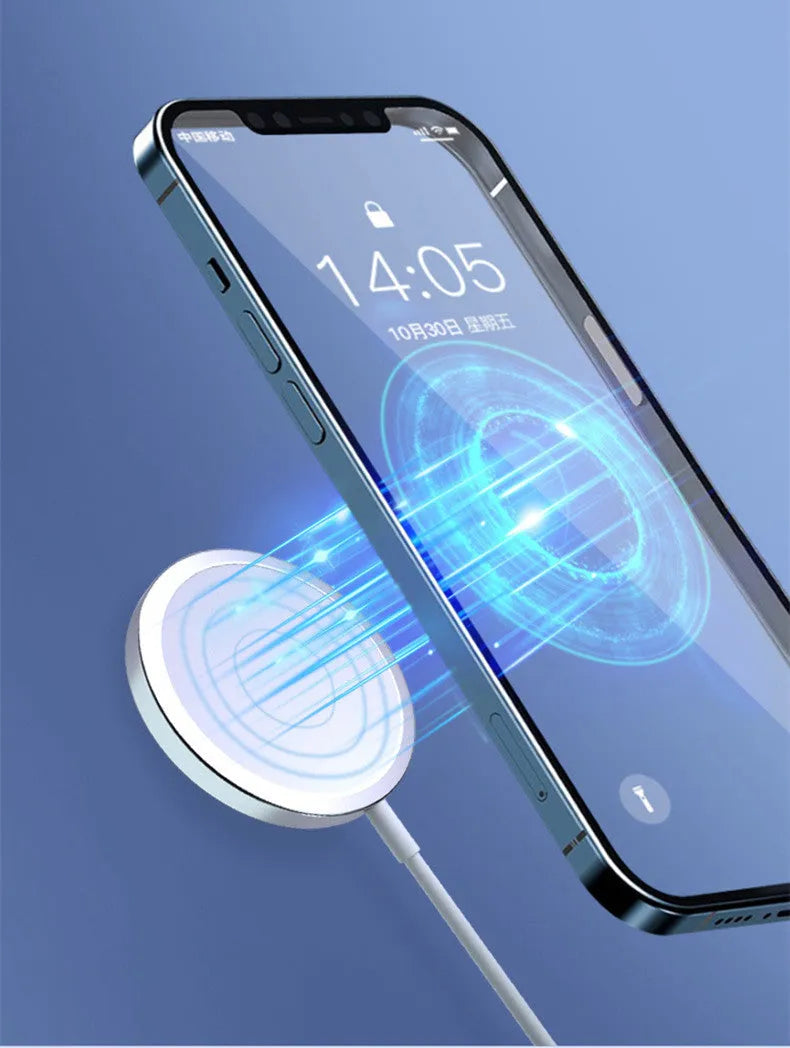 White 15W magnetic wireless charger for MagSafe iPhones on desk with 1m cable