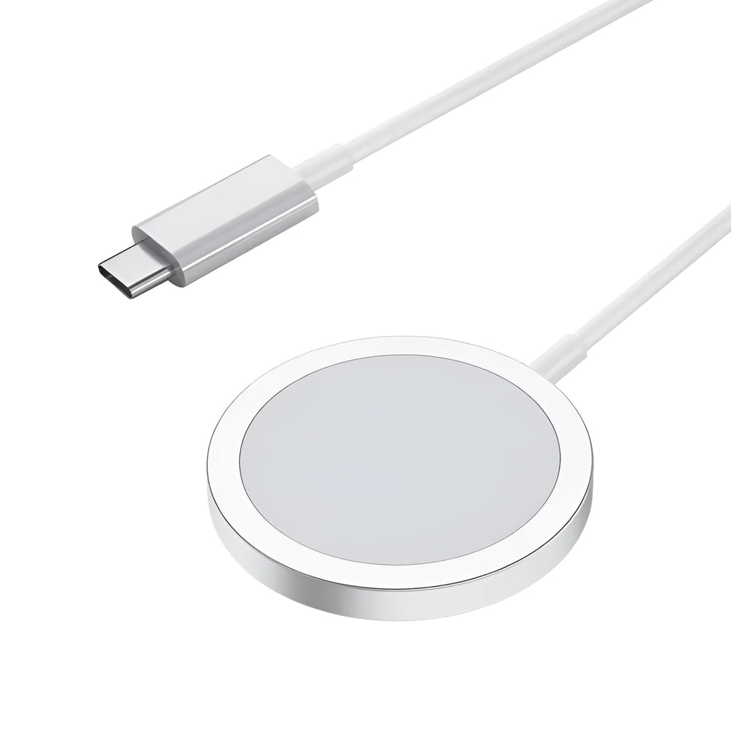 White 15W magnetic wireless charger for MagSafe iPhones on desk with 1m cable