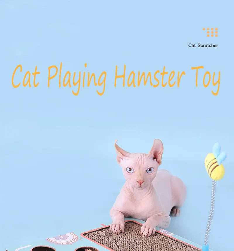 Blue whack-a-mole cat toy made from cardboard and wood, measuring 36x26x6cm for indoor use