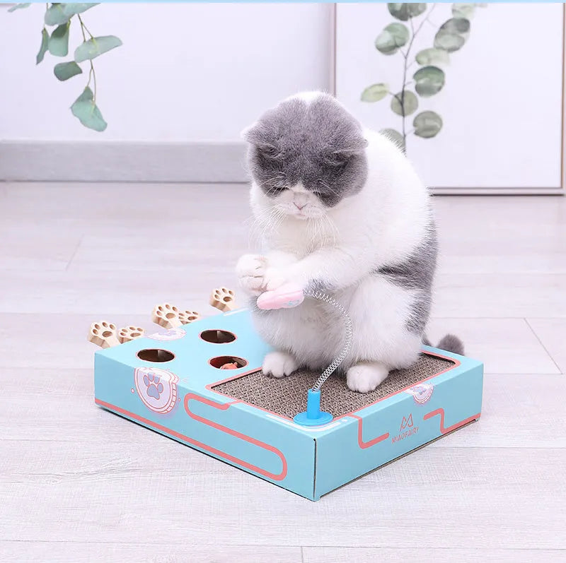 Blue whack-a-mole cat toy made from cardboard and wood, measuring 36x26x6cm for indoor use