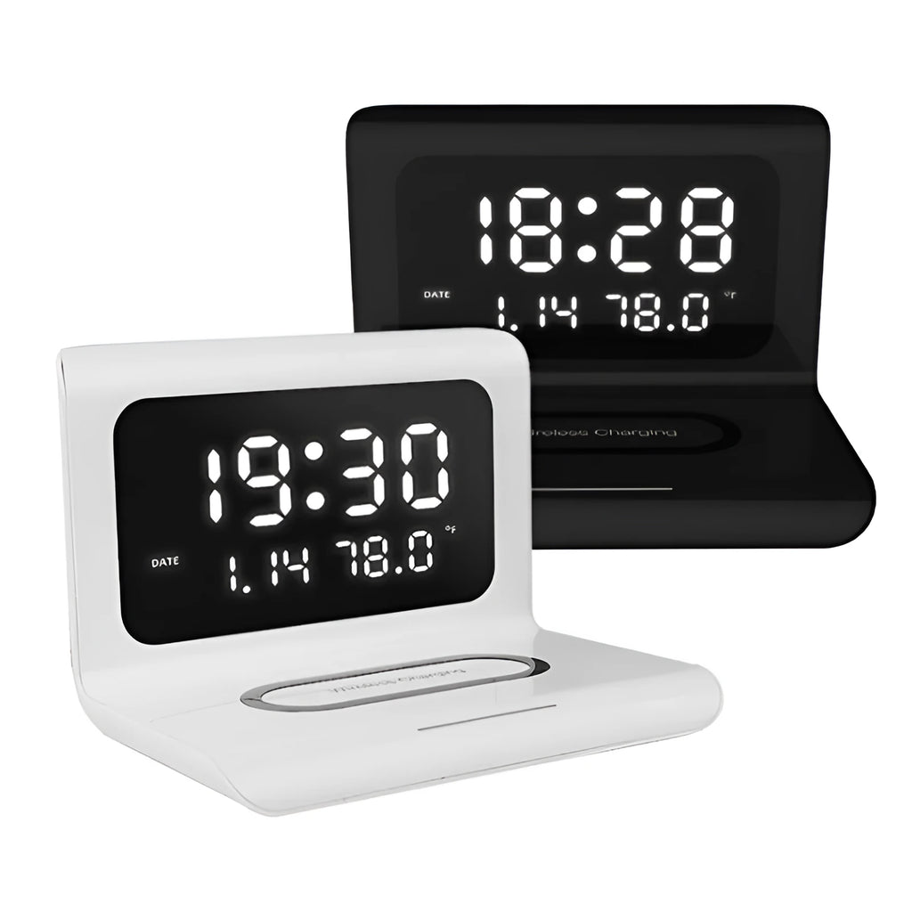 White wireless charger alarm clock showing time, date, temperature, and humidity on its display.