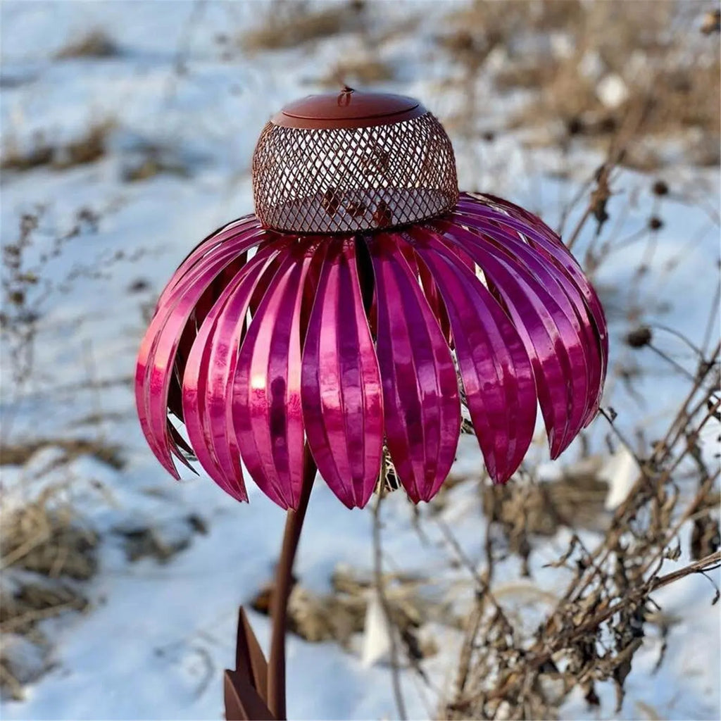 Garden petal shape wire bird feeder in red, 78cm long, hanging outdoors