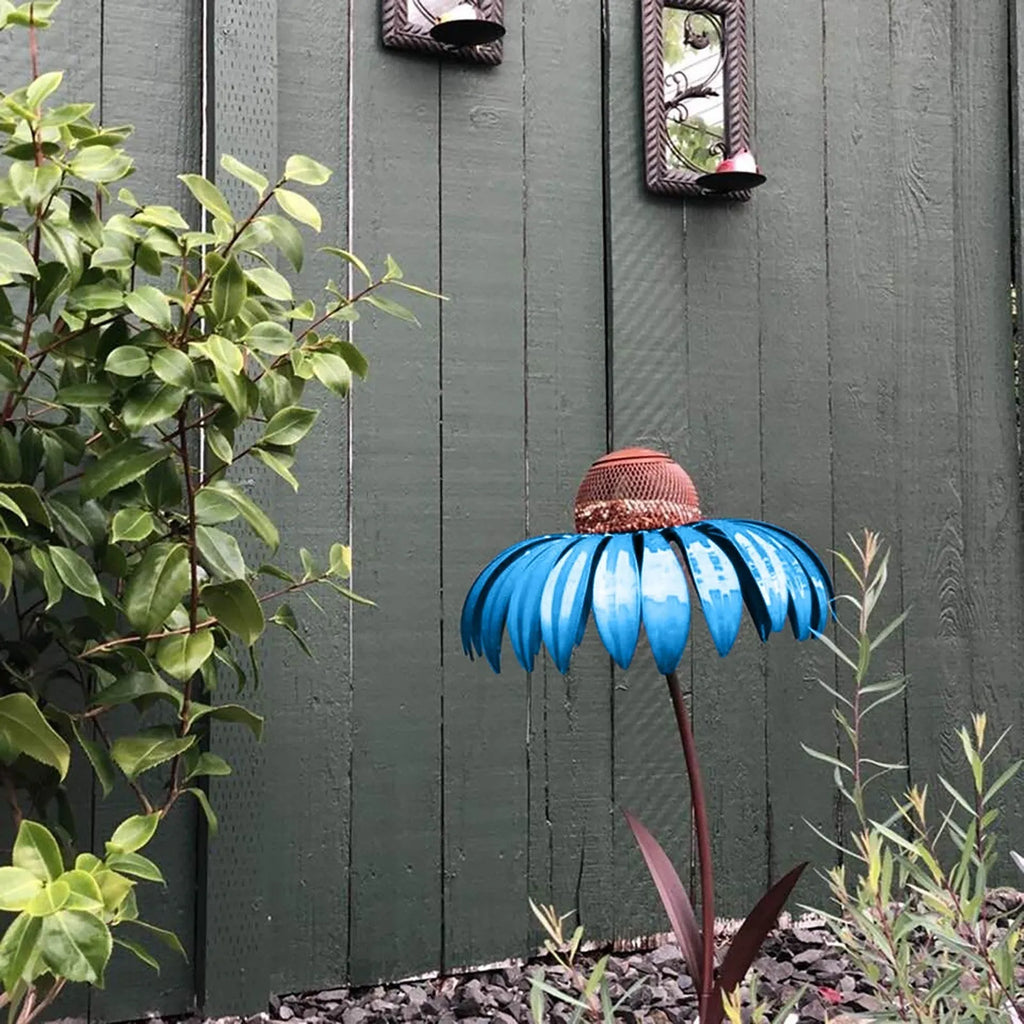 Garden petal shape wire bird feeder in red, 78cm long, hanging outdoors