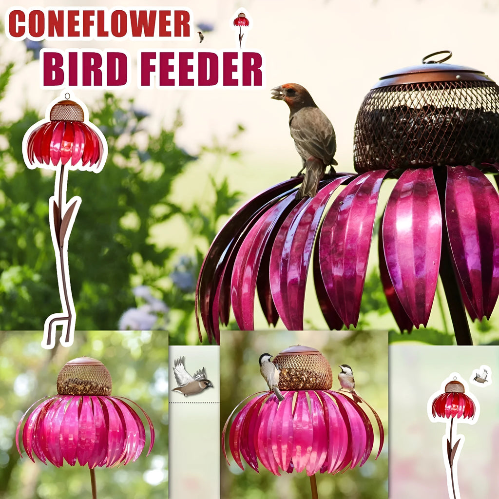 Garden petal shape wire bird feeder in red, 78cm long, hanging outdoors