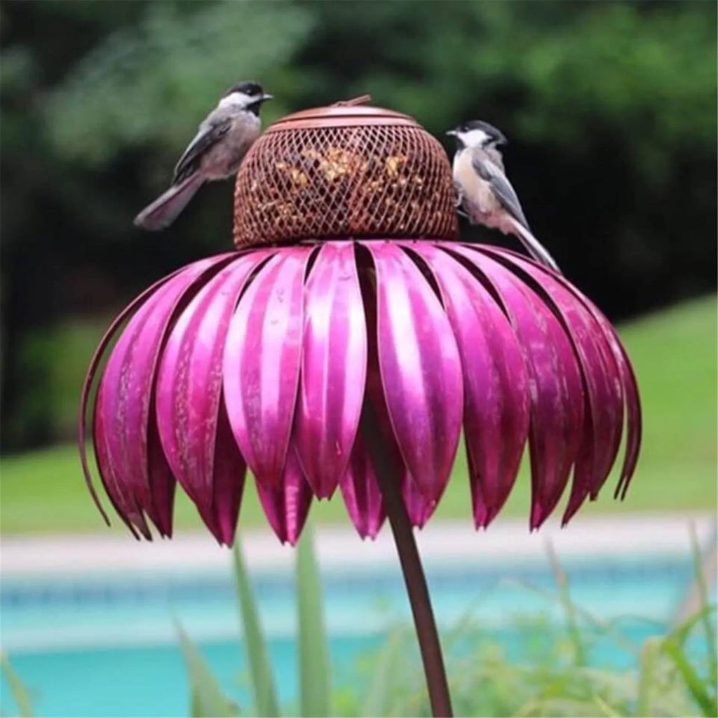 Garden petal shape wire bird feeder in red, 78cm long, hanging outdoors