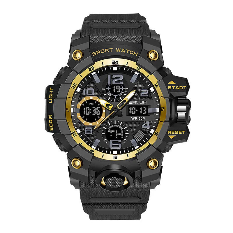 Men dual display quartz sports watch with 56mm dial, pointer and digital readout, black colour option, water resistant to 30 metres