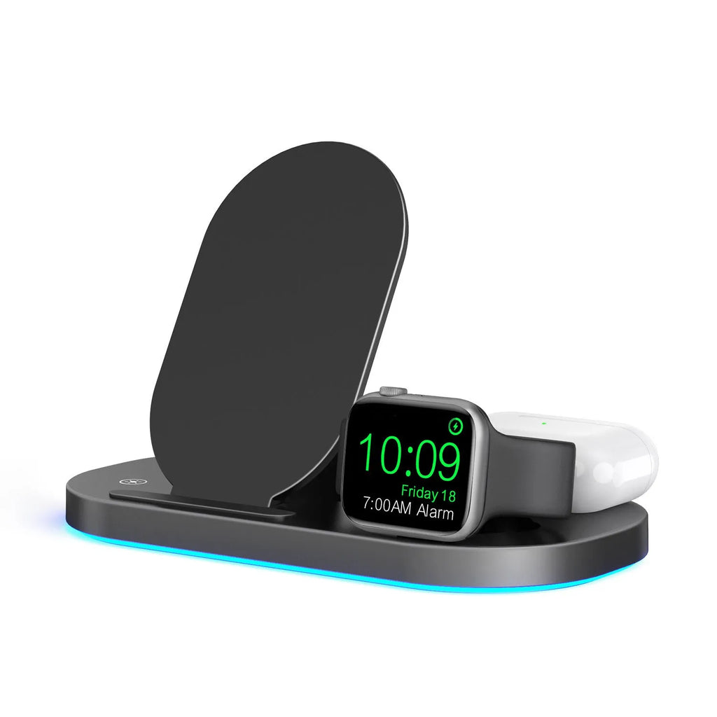 15W three-in-one wireless charger folding stand for mobile phone watch earphone in black