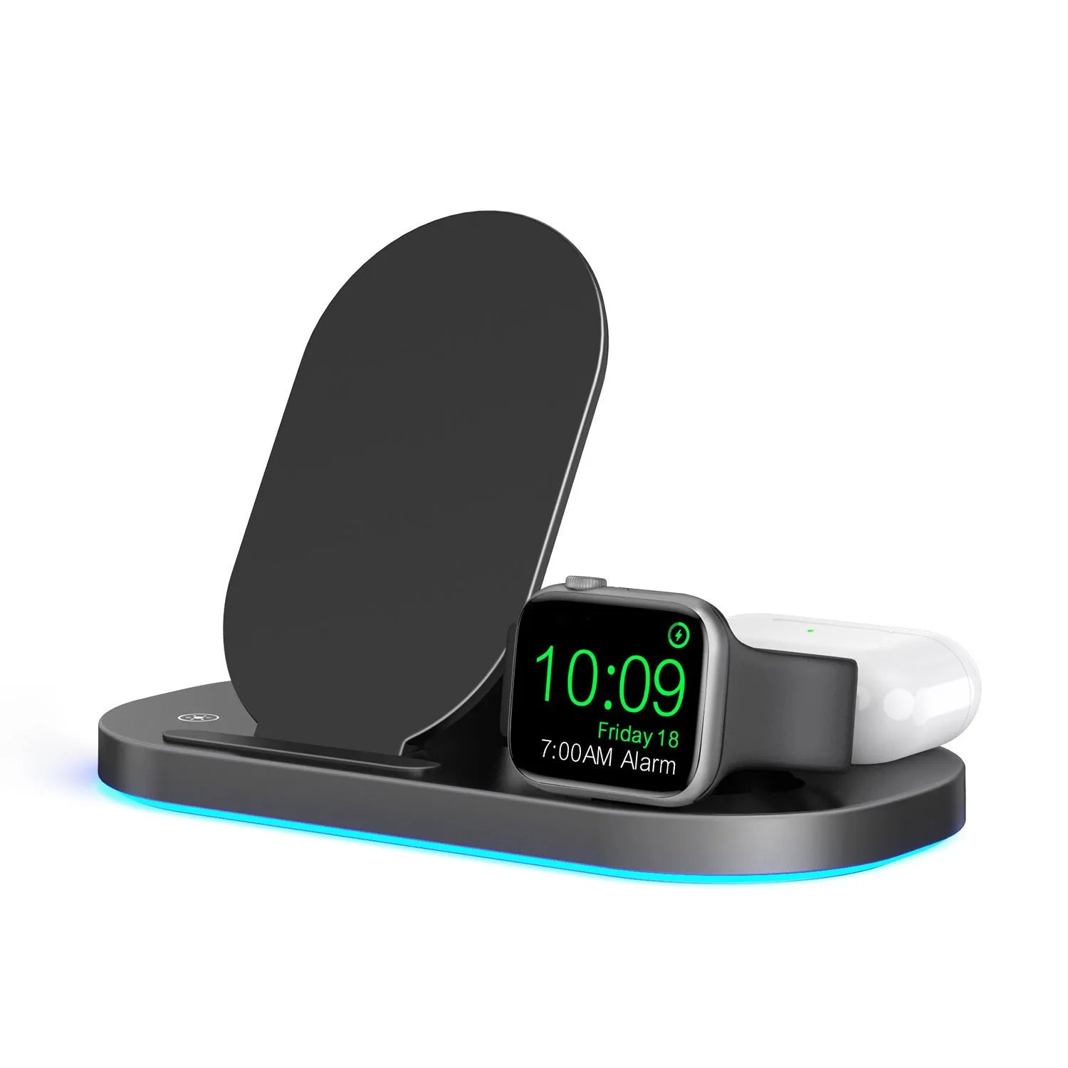 15W three-in-one wireless charger folding stand for mobile phone watch earphone in black
