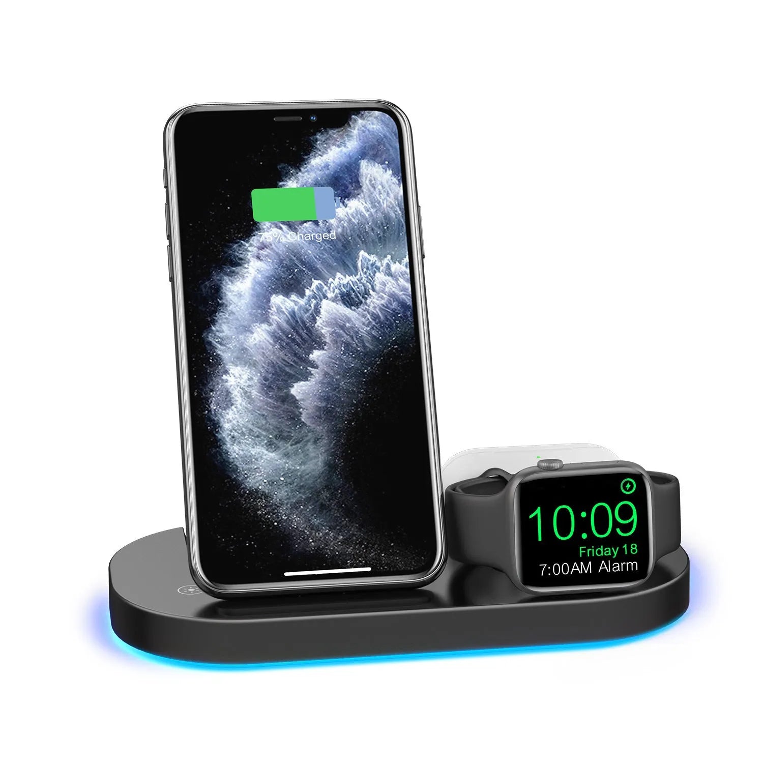 15W three-in-one wireless charger folding stand for mobile phone watch earphone in black