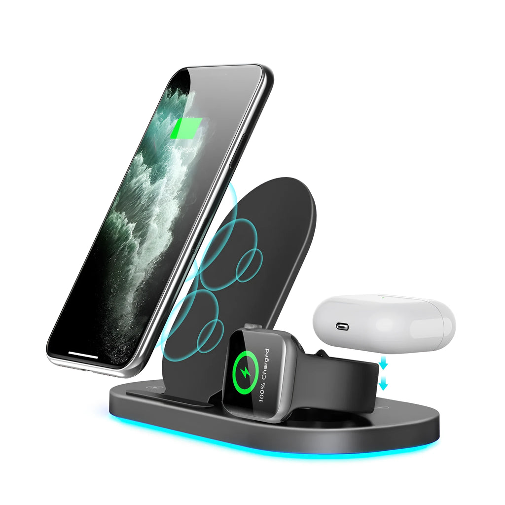 15W three-in-one wireless charger folding stand for mobile phone watch earphone in black