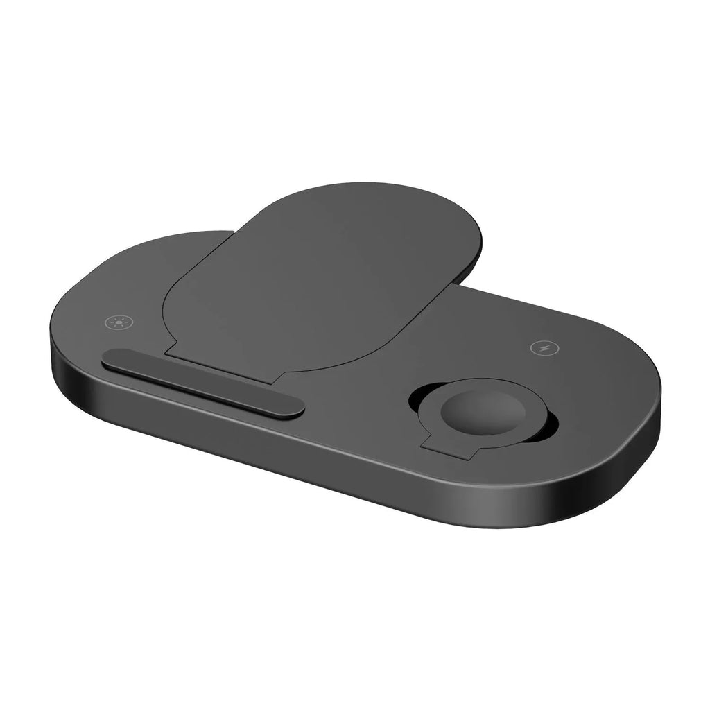15W three-in-one wireless charger folding stand for mobile phone watch earphone in black