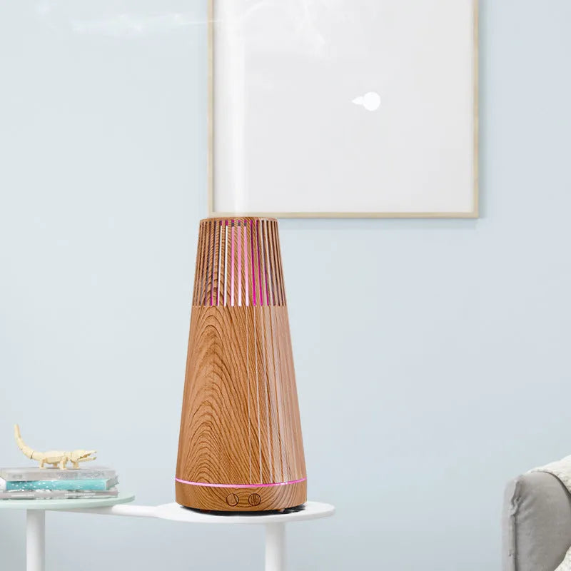 Natural wood grain ultrasonic aroma diffuser in black with USB cable, quiet operation under 36dB