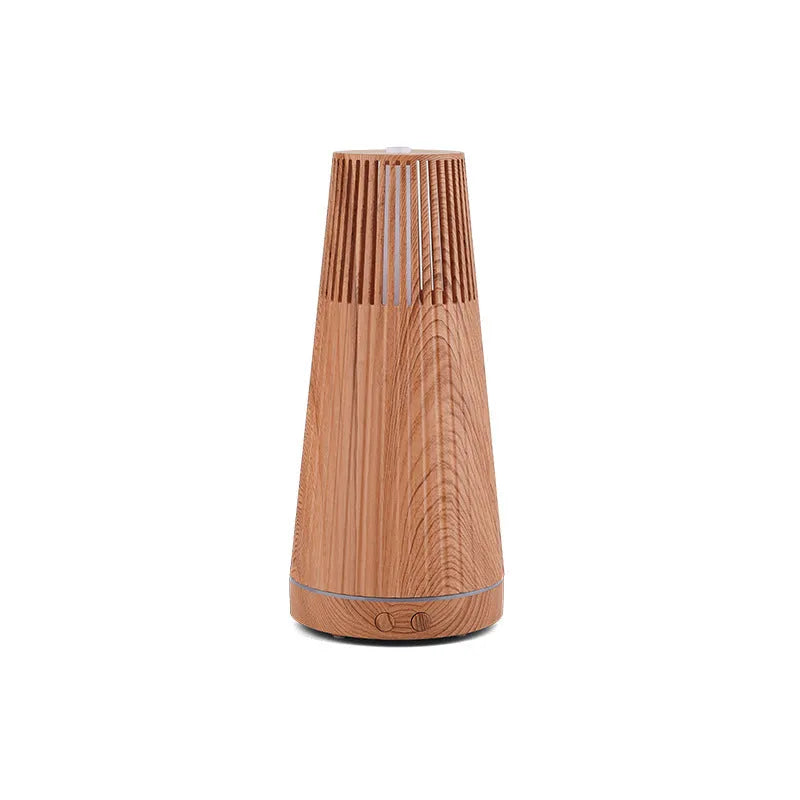 Natural wood grain ultrasonic aroma diffuser in black with USB cable, quiet operation under 36dB