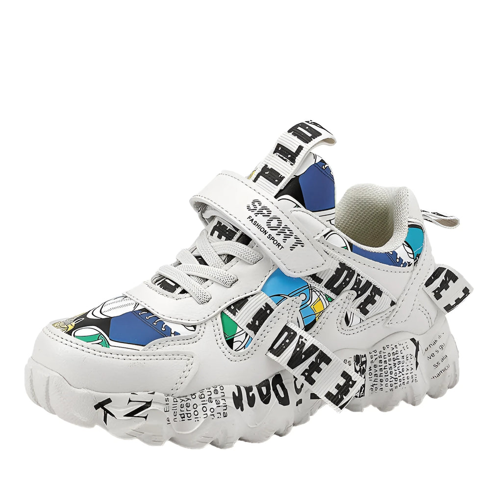 Kids blue and red Velcro fastening sports sneakers with a thick rubber sole.
