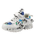 Kids blue and red Velcro fastening sports sneakers with a thick rubber sole.