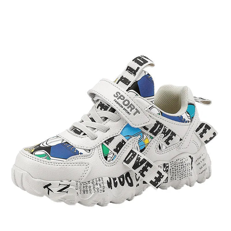 Kids blue and red Velcro fastening sports sneakers with a thick rubber sole.