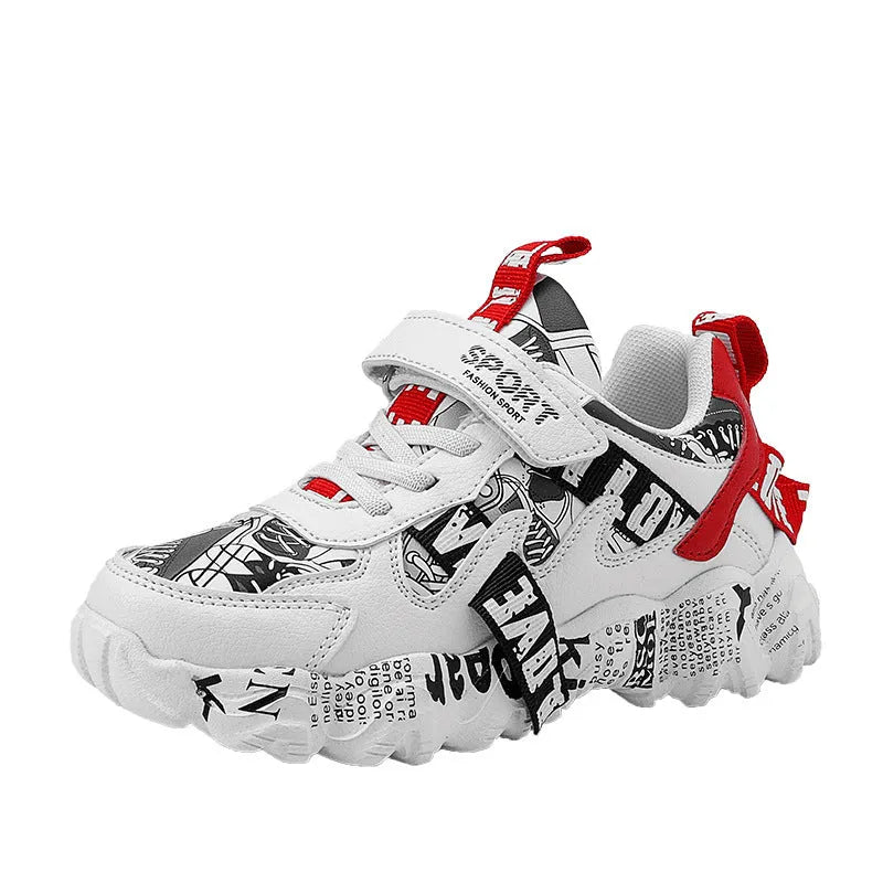 Kids blue and red Velcro fastening sports sneakers with a thick rubber sole.
