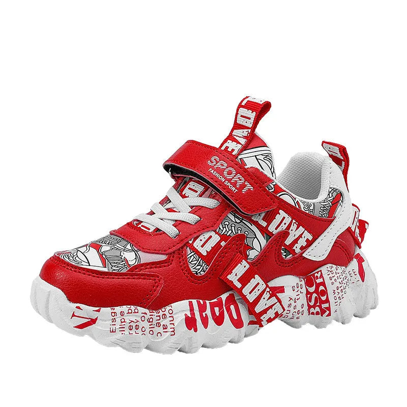 Kids blue and red Velcro fastening sports sneakers with a thick rubber sole.