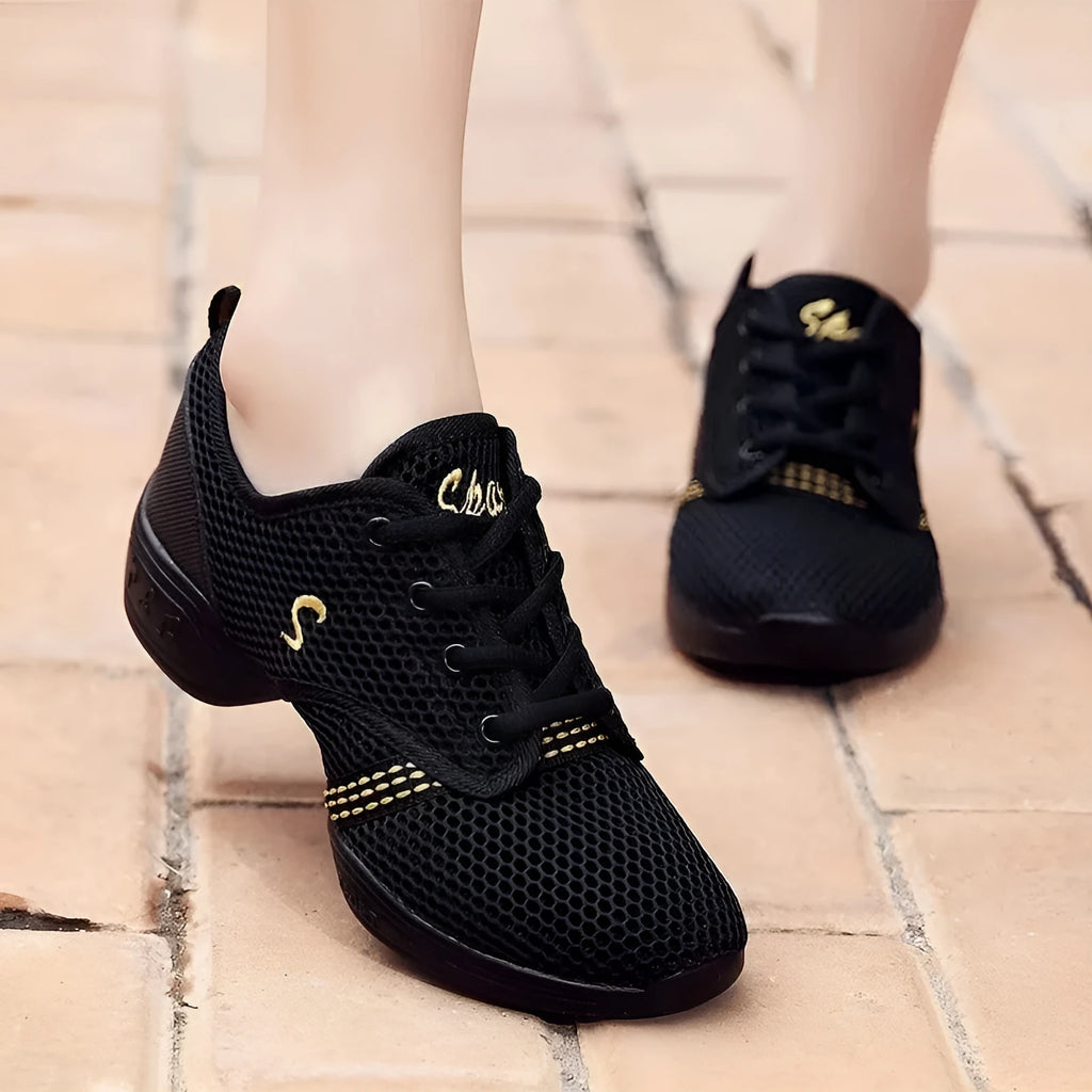 Women's rose red dance shoes with mesh upper, flat heel, round toe, and rubber sole for aerobics and studio use