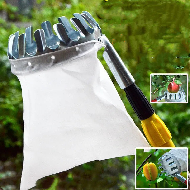 Steel wire frame fruit picker with fabric collection basket for garden harvesting