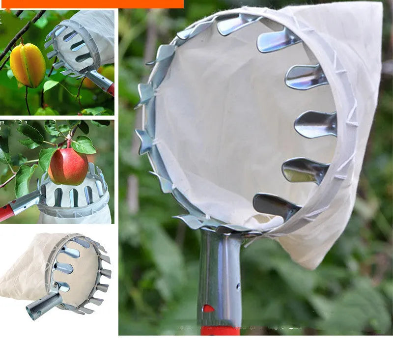 Steel wire frame fruit picker with fabric collection basket for garden harvesting