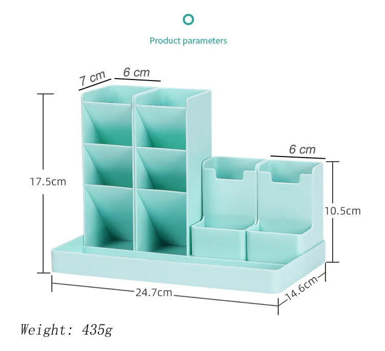 Combination pen holder in turquoise green with multiple storage grids for pens on a desk