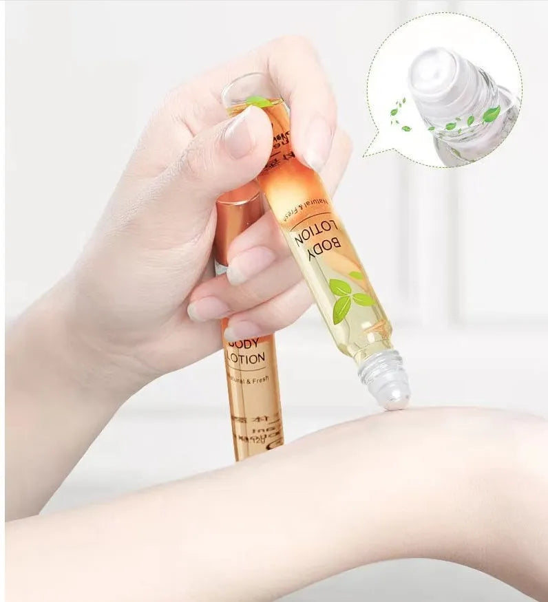 Mengxilan 12ml antiperspirant roll-on deodorant with lasting fragrance, available in green and pink, compact size 100x15x15mm