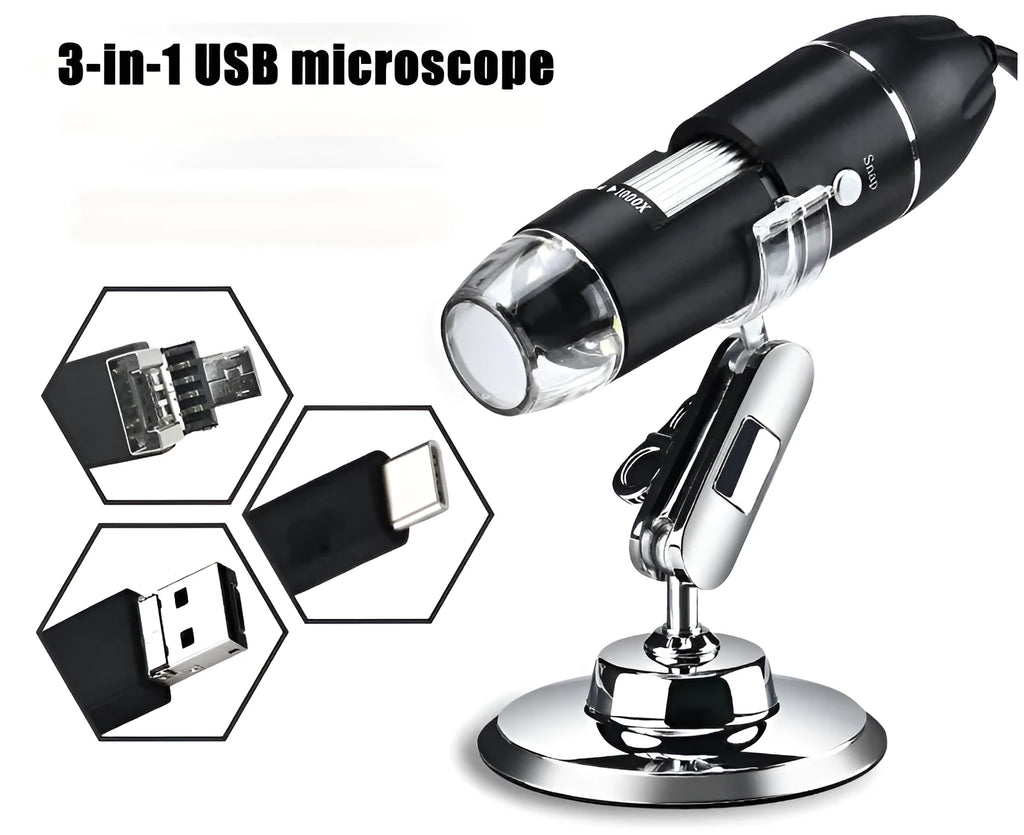 Black portable digital microscope with USB cable, 1000x magnification for computer-connected inspection