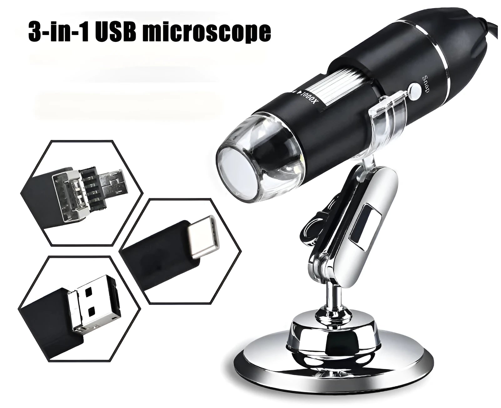 Black portable digital microscope with USB cable, 1000x magnification for computer-connected inspection