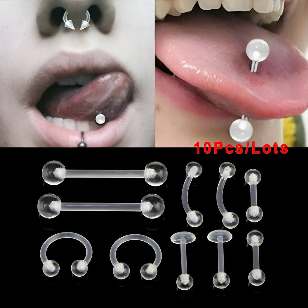 10 piece acrylic body piercing set white flatback labret studs for tongue lip nose ear eyebrow individually packed