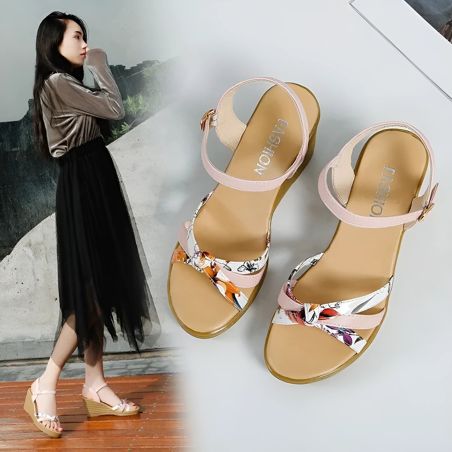 Pink women's wedge sandals with a fish mouth open toe and a thick non-slip sole.