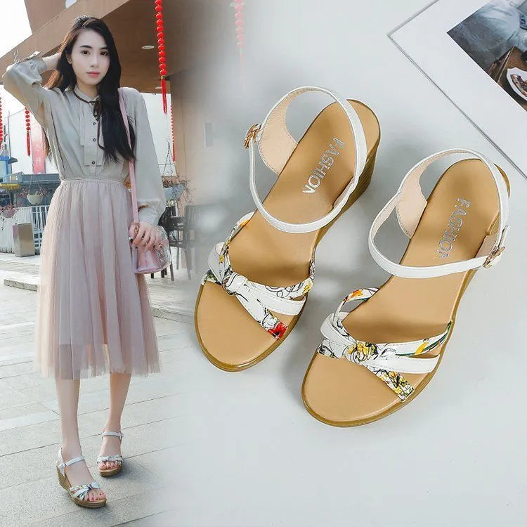 Pink and white women's fish mouth wedge sandals with a thick PU sole and one buckle.