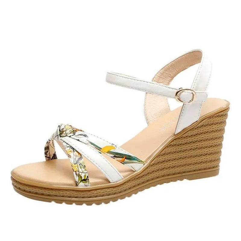 Pink and white women's fish mouth wedge sandals with a thick PU sole and one buckle.
