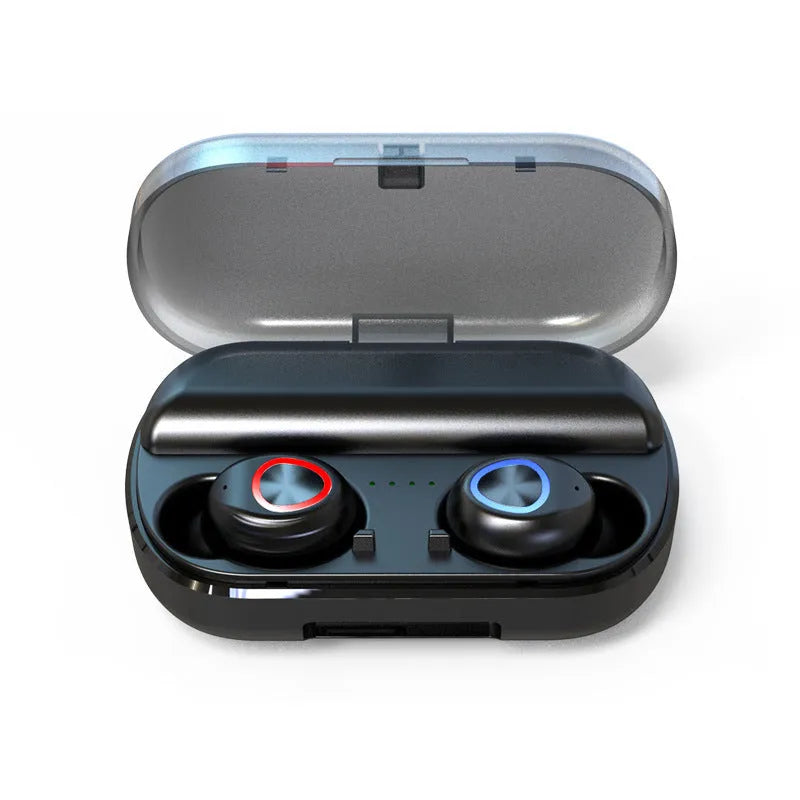 Black V8 sports wireless Bluetooth headset with earplug design for active use