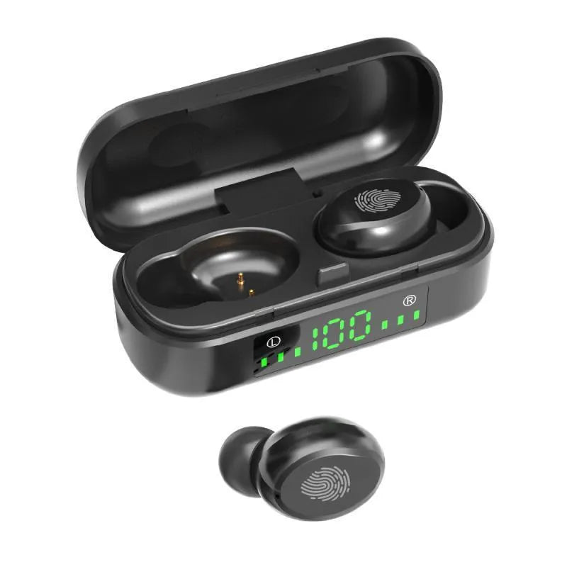 Black V8 sports wireless Bluetooth headset with earplug design for active use