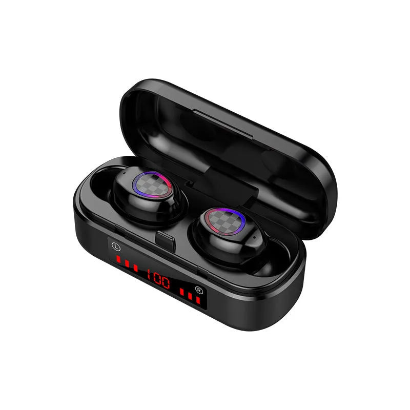 Black V8 sports wireless Bluetooth headset with earplug design for active use